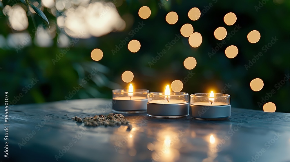 Aufkleber glowing tea light candles on dark surface with bokeh lights in background creating cozy atmospheric 