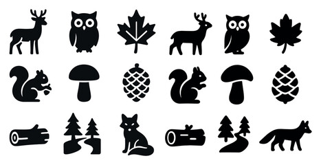 Obraz premium Forest and woodland silhouette icons set – nature, wildlife, outdoor symbols