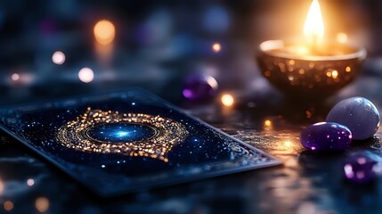 Mystical tarot card with glowing golden mandala pattern lies near burning candle and purple crystals on dark surface with magical bokeh lights.