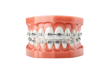 Dental model with blue metal braces on white teeth, isolated on a transparent background