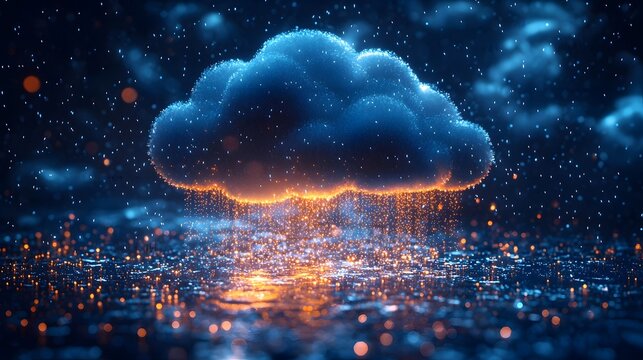 Glowing digital cloud raining data over a futuristic night city skyline