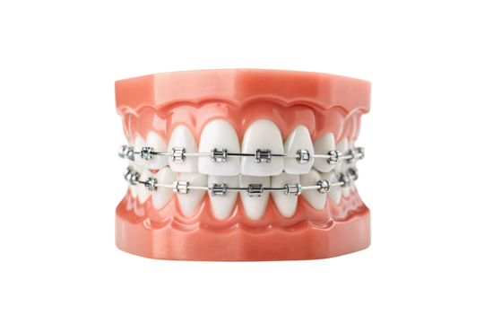 Dental model with blue metal braces on white teeth, isolated on a transparent background - Powered by Adobe
