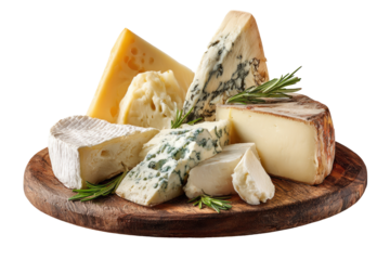 Assorted cheeses on a wooden board, featuring a variety of shapes and textures.  Pieces of aged hard, soft, and blue cheeses, garnished with sprigs of rosemary