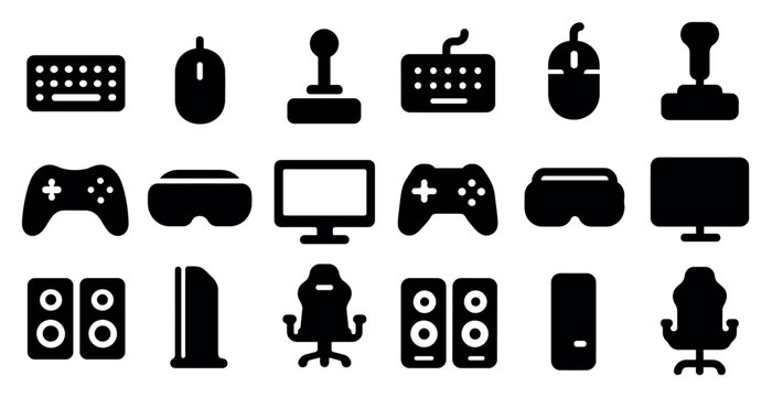 Gaming and technology solid icons set – devices, esports, immersive experience symbols