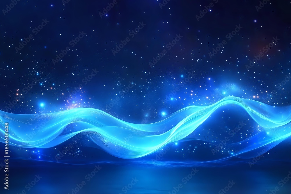 Aufkleber abstract blue glowing waves with sparkles and light effects on dark background, flowing energy lines