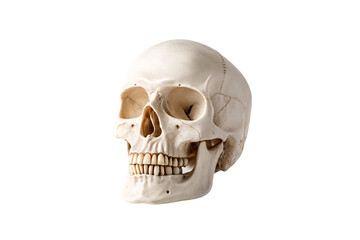 Profile view human skull displaying cranial sutures and complete tooth arrangement in mandible, isolated on a transparent background