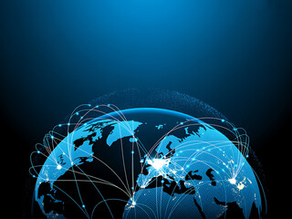 Glowing digital earth with global network connections and data streams on a dark blue background