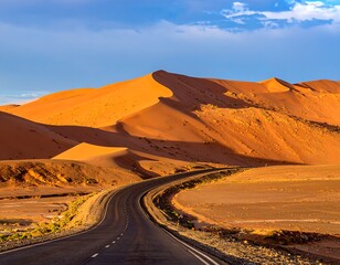 Winding road through orange sand dunes at sunrise