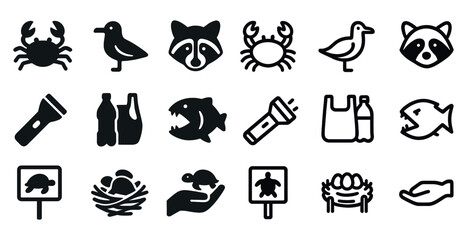 Fototapeta premium Wildlife conservation icons set – flat, filled, nature and preservation symbols