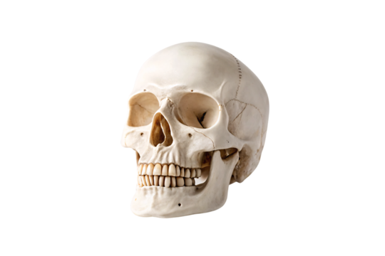 Profile view human skull displaying cranial sutures and complete tooth arrangement in mandible, isolated on a transparent background