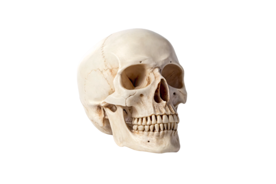 Human skull model showing natural teeth without any orthodontic appliances attached, isolated on a transparent background