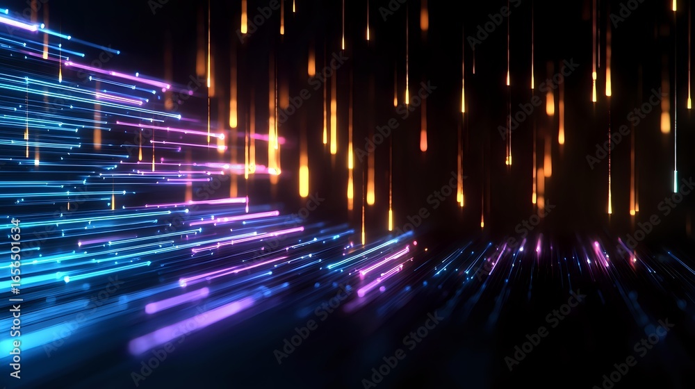 Poster glowing neon light streaks and falling golden particles create dynamic motion effect against dark ba
