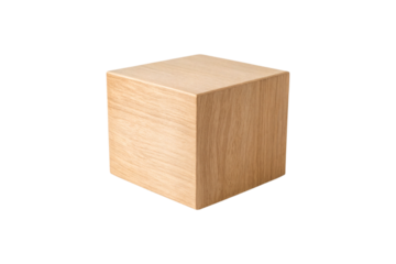 Light oak wooden block displaying natural wood texture and geometric cube shape, isolated on a transparent background