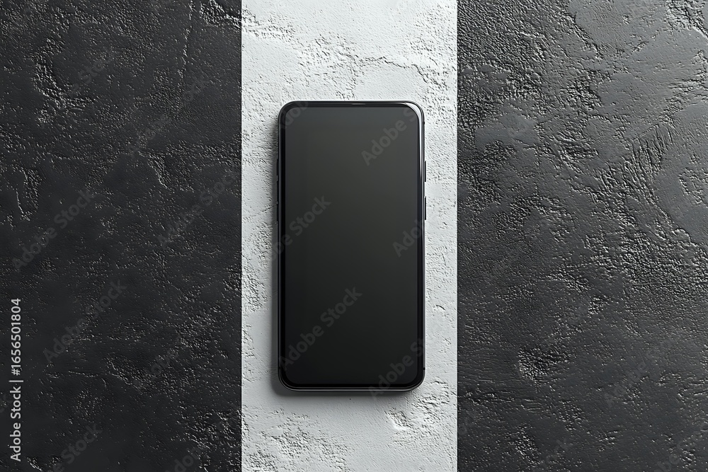 Poster Modern smartphone with blank black screen on contrasting black and white textured concrete background, top view mockup for app and web design presentation.