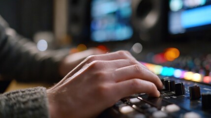 Medium shot of someone calibrating video playback to match audio sync focused on hands adjusting timing controls with blurred studio monitors behind.