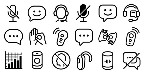 Communication and audio line icons set – outline, contact, conversation symbols