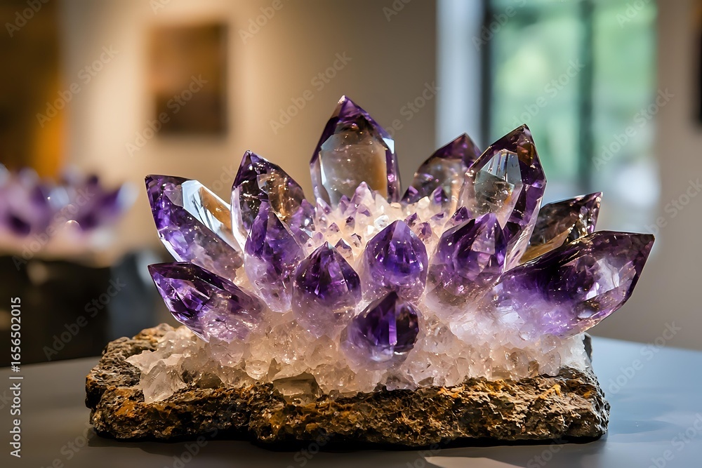 Poster raw amethyst crystal cluster with deep purple points emerging from natural stone base, illuminated t