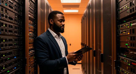 A male IT specialist is checking server rack performance with a tablet in a modern data center