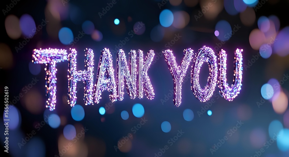 Poster glowing purple thank you text with sparkling effect against dark background with blue bokeh lights c