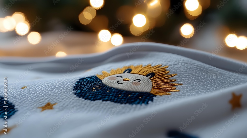 Poster embroidered lion design on white fabric with golden bokeh lights in background, close-up macro shot 