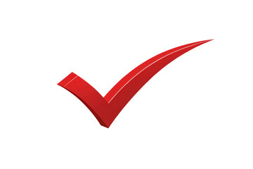 Red checkmark symbol with three-dimensional perspective and curved dynamic swoosh design, isolated on a transparent background
