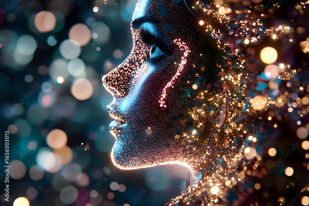 Poster glowing profile silhouette with sparkles and bokeh lights creating magical atmosphere against dark b