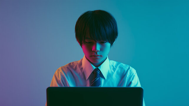 日本人男子学生が青光の中でPC学習に集中する