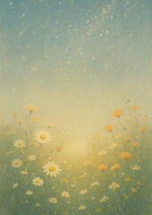 Fototapeta premium Dreamy meadow with daisies and wildflowers under a starry sky. Soft pastel colors create a serene, ethereal landscape. Stars twinkle above the tranquil meadow.