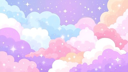 Fluffy pastel-colored clouds with sparkles in a serene sky, shades of pink, lavender, peach, and soft purple,