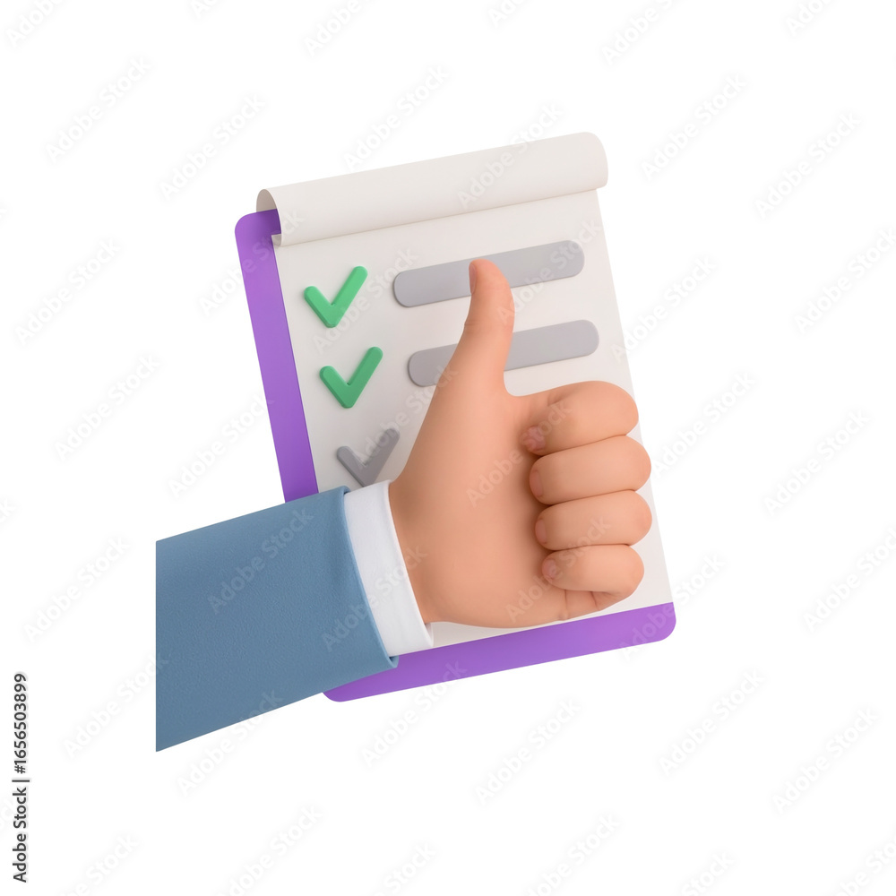Poster positive affirmation of task completion displayed on a transparent rendered clipboard