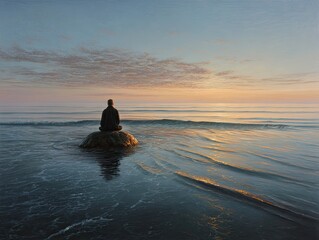 A serene figure meditating on a smooth rock in the ocean at sunrise, gentle waves rippling outward like inner calm, photorealistic, soft pastel sky
