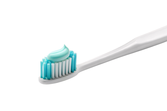 White toothbrush with blue and white bristles and mint green toothpaste dollop, isolated on a transparent background
