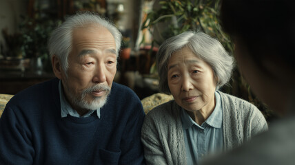 日本人高齢夫婦が真剣に話を聞く