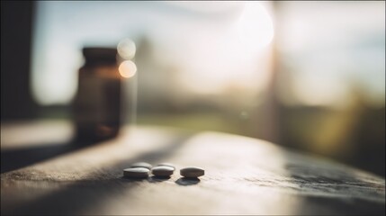 Obraz premium Close-up of round pills scattered on a textured wooden surface with soft sunlight casting shadows,