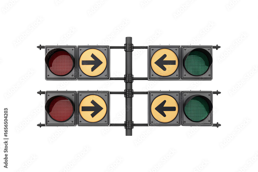 Poster dual traffic light system with yellow arrow signs pointing left and right directions, isolated on a 