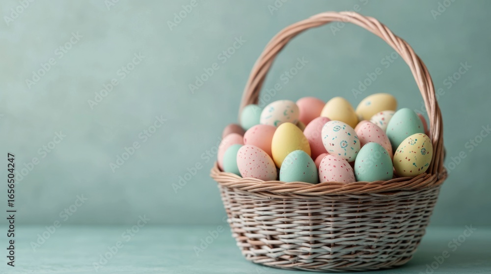 Aufkleber A charming wicker basket overflowing with an assortment of colorful chocolate Easter eggs and candies creating a festive and tempting display for the spring holiday
