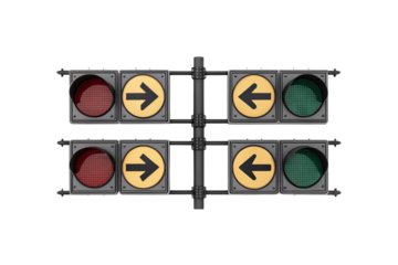 Dual traffic light system with yellow arrow signs pointing left and right directions, isolated on a transparent background