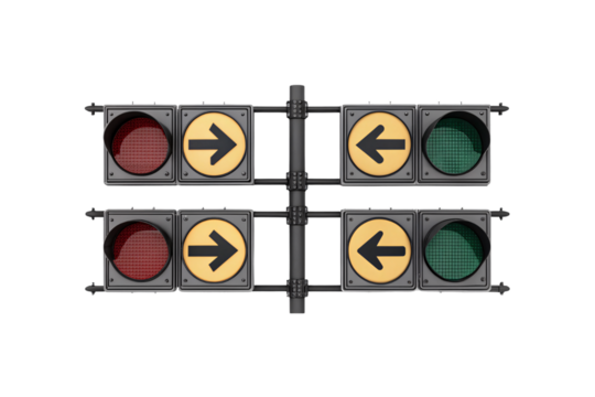 Dual traffic light system with yellow arrow signs pointing left and right directions, isolated on a transparent background