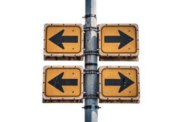 Traffic signal assembly with red and green lights plus yellow directional arrow signs, isolated on a transparent background