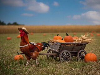 A vibrant rooster wearing a straw hat pulls a wooden cart stacked with pumpkins amidst a serene countryside farm scenery during autumn harvest, evoking feelings of rural charm and seasonal celebration