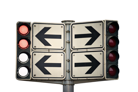 Weathered yellow traffic signs with black arrows pointing left and right on pole, isolated on a transparent background