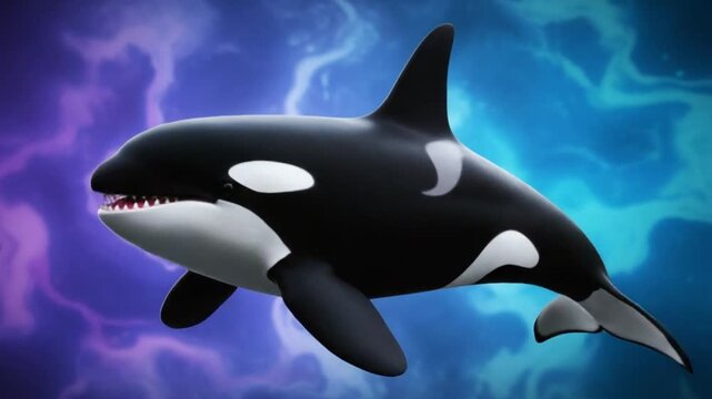 A 3D animated orca whale jumping out of the ocean against a stormy sky