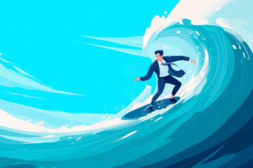 Businessman in Suit Surfing Giant Blue Wave Symbolizing Success and Leadership
