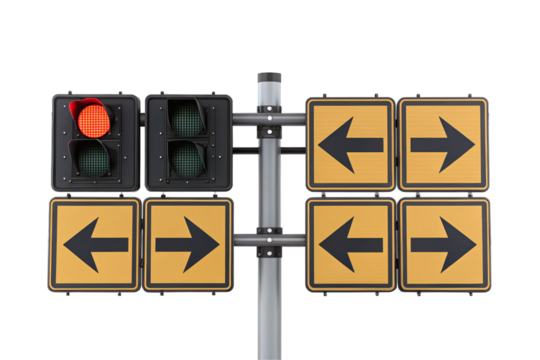 Traffic light signals with red illuminated and yellow directional arrow signs, isolated on a transparent background