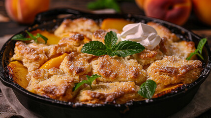 Peach cobbler with buttery biscuit topping, served in a cast iron pan, fresh whipped cream on the side.