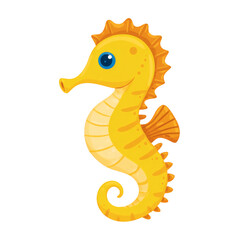 Fototapeta premium A yellow seahorse with orange spines, depicted in a cute cartoon style, swimming in the ocean water.