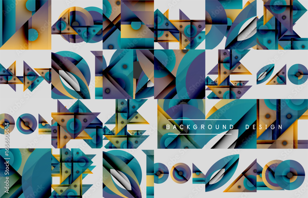 Poster abstract geometric pattern. shapes overlap, creating dynamic visual texture. colors include blue, pu