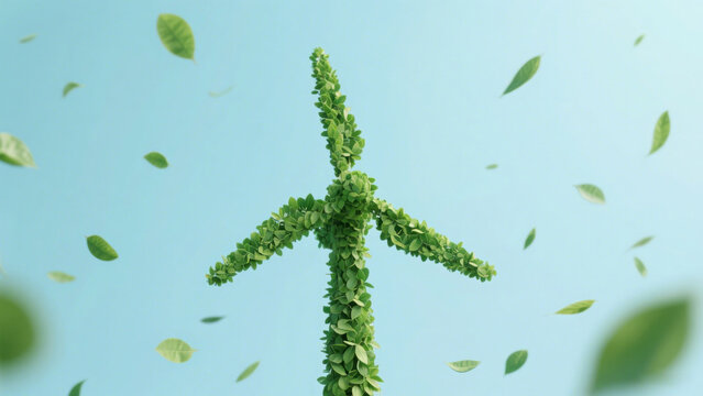 Creative Green Windmill with Natural Vegetation Covering Blades and Central Axis, Set Against Clear Blue Sky to Symbolize Eco-Friendly Renewable Energy Harmony