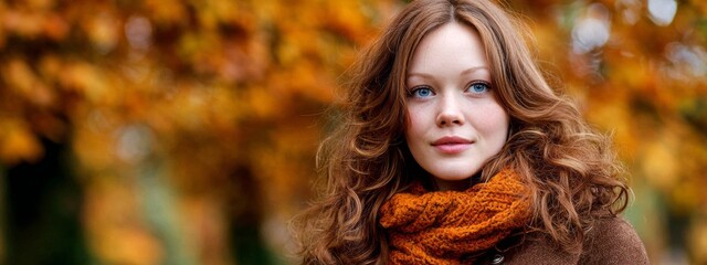 Portrait of a woman in an autumn setting with golden leaves and a cozy scarf radiating warmth and tranquility