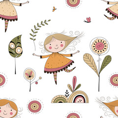 cute girl in flowers on white background. seamless pattern
